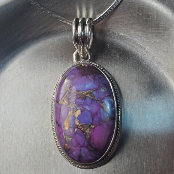 PURPLE TURQUOISE STERLING SILVER PENDANT. - Picture 4 of 7